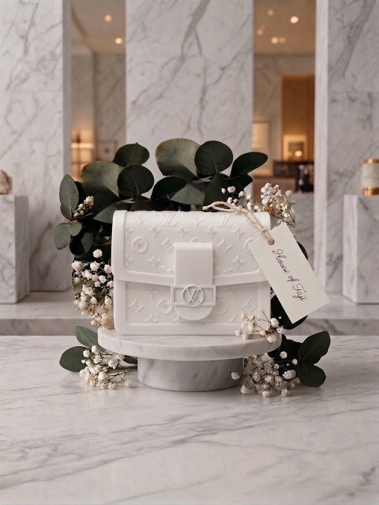 House of Taji — Monogrammed Small Structured Handbag Candle (White)