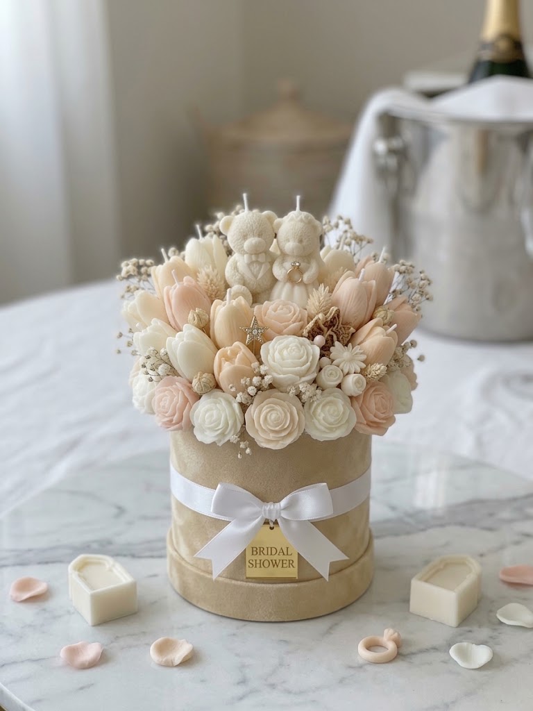 House of Taji — The Bridal Shower Blossom Candle Arrangement (Blush & White)